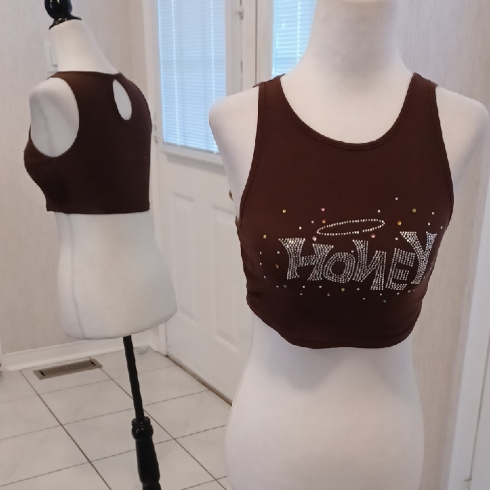 4/$40 Brown Bejewelled "Honey" Crop Tank Top